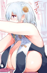 Rule 34 | 1girl, armpits, azur lane, bare shoulders, blush, braid, breast curtains, breasts, china dress, chinese clothes, cleavage, dress, flower, goban, grey dress, hair flower, hair ornament, huge breasts, red eyes, revealing clothes, short hair, side braid, sideboob, sirius (azur lane), sirius (azure horizons) (azur lane), solo, white hair