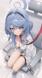 Rule 34 | 1girl, absurdres, ako (blue archive), blue archive, blue hair, blush, breasts, cleavage, collar, dress shirt, hairband, halo, highres, kerno, large breasts, leash, long hair, long sleeves, looking at viewer, shirt, sitting, solo, thighs