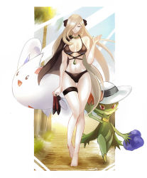 Rule 34 | 1girl, bikini, black bikini, blonde hair, breasts, capelet, closed eyes, creatures (company), cynthia (pokemon), eyelashes, full body, game freak, gen 4 pokemon, groin, hair ornament, hair over one eye, hand up, hat, holding, holding shoes, jewelry, large breasts, long hair, navel, necklace, nintendo, parted lips, pearl necklace, pokemon, pokemon (creature), pokemon dppt, roserade, shoes, smile, sun hat, swimsuit, tassel, thigh gap, thigh strap, togekiss, tommy (kingdukeee), unworn shoes, very long hair, white headwear