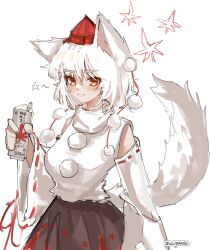 Rule 34 | 1girl, absurdres, animal ears, black skirt, can, detached sleeves, hair between eyes, hat, highres, holding, holding can, inubashiri momiji, leaf print, maple leaf print, pom pom (clothes), red eyes, red ribbon, ribbon, ribbon-trimmed sleeves, ribbon trim, shirt, short hair, skirt, sleeveless, sleeveless shirt, smile, tail, tareme, tokin hat, touhou, white background, white hair, white shirt, white tail, wolf ears, wolf tail, wwparasi