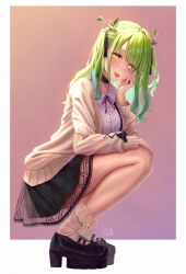 Rule 34 | +peeta, 1girl, absurdres, antlers, blouse, blush, cardigan, ceres fauna, ceres fauna (jirai kei), cleavage cutout, clothing cutout, green hair, hair ribbon, highres, hololive, hololive english, horns, leaf, long hair, looking at viewer, ribbon, shirt, simple background, skirt, solo, squatting, tongue, tongue out, two side up, virtual youtuber, yellow eyes