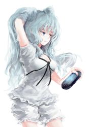 Rule 34 | 10s, 1girl,  trrcmb, bloomers, blue eyes, blue hair, comic, hand in own hair, handheld game console, heterochromia, highres, holding, long hair, matching hair/eyes, open mouth, pajamas, playstation portable, puffy short sleeves, puffy sleeves, red eyes, short sleeves, simple background, solo, tokyo ghoul, tokyo ghoul:re, toron (trr cmb), twintails, underwear, white background, yonebayashi saiko