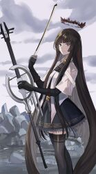 Rule 34 | 12, 1girl, absurdres, arknights, black gloves, black hair, black skirt, black thighhighs, blunt bangs, bright pupils, cloud, cloudy sky, commentary, feet out of frame, gloves, grey eyes, highres, holding, holding instrument, instrument, long hair, looking at viewer, miniskirt, outdoors, shirt, skirt, sky, smile, solo, standing, thighhighs, very long hair, virtuosa (arknights), white pupils, white shirt