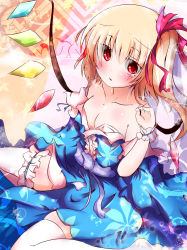 Rule 34 | 1girl, bare shoulders, blonde hair, breasts, cleavage, crystal, dress, female focus, flandre scarlet, nagii yuki, no headwear, no headwear, open mouth, red eyes, ribbon, sash, short hair, side ponytail, sitting, small breasts, solo, soulhunter en, tears, thighhighs, touhou, white thighhighs, wings