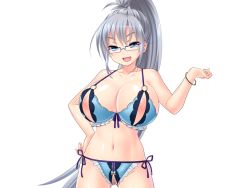 Rule 34 | 1girl, akagi rio, bare arms, bare legs, bare shoulders, blue eyes, bra, breasts, censored, cowboy shot, crotchless, crotchless panties, eyebrows, game cg, glasses, grey hair, groin, hand on own hip, huge breasts, legs, lingerie, long hair, looking at viewer, mosaic censoring, navel, nippleless clothes, nipples, open mouth, panties, ponytail, pussy, simple background, smile, solo, standing, suzuki hildegard, tanetsuke kyoushitsu, thighs, underwear, white background