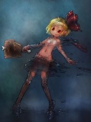 Rule 34 | 1girl, :q, black background, black pantyhose, black skirt, blonde hair, bloomers, blue background, boned meat, closed mouth, colored eyelashes, dark, dissolving clothes, food, full body, hair ribbon, highres, holding, holding food, licking lips, looking at viewer, meat, navel, pantyhose, pointy ears, red eyes, red ribbon, ribbon, rumia, shirt, short hair, single bare shoulder, skirt, solo, standing, tongue, tongue out, torn clothes, torn pantyhose, torn shirt, touhou, underwear, white shirt, yst