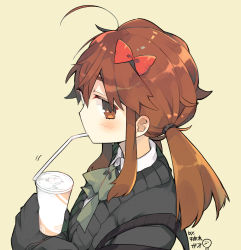 Rule 34 | 10s, 1girl, aged down, ahoge, bendy straw, black sweater, blush, bow, brown background, brown eyes, brown hair, collared shirt, commentary request, cup, disposable cup, drinking straw, fate/extra, fate/extra ccc, fate (series), from side, green bow, hair between eyes, hair bow, holding, holding cup, jinako carigiri, long hair, long sleeves, looking at viewer, looking to the side, mouth hold, red bow, school uniform, shirt, sidelocks, simple background, sleeves past fingers, sleeves past wrists, solo, sweater, translation request, twintails, white shirt, yuzuki gao