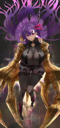 Rule 34 | 1girl, breasts, claws, closed mouth, collar, fate/extra, fate/extra ccc, fate/grand order, fate (series), hair ribbon, highres, hotate-chan, huge breasts, impossible clothes, long hair, looking at viewer, o-ring, passionlip (fate), purple eyes, purple hair, ribbon, smile, solo, very long hair