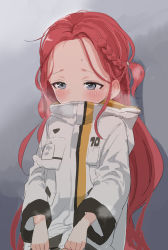 Rule 34 | 1girl, absurdres, blue archive, blue eyes, blush, braid, breath, clothes lift, forehead, grey background, highres, jacket, jacket lift, lifting own clothes, long hair, long sleeves, nejiresyake, red hair, simple background, solo, sweat, very long hair, white jacket, yuzu (blue archive)