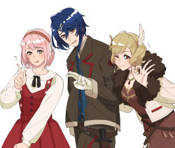 Rule 34 | 1boy, 2girls, alcryst (fire emblem), asymmetrical hair, blonde hair, blue hair, brown dress, citrinne (fire emblem), closed mouth, dress, earrings, feather hair ornament, feathers, fire emblem, fire emblem engage, fur trim, gloves, hair ornament, hair ribbon, hairband, hairclip, hoop earrings, jacket, jewelry, lapis (fire emblem), long sleeves, looking at viewer, mawiwuwi, multiple girls, necklace, nintendo, one eye closed, open mouth, pink eyes, pink hair, red dress, red eyes, ribbon, shirt, shirt under dress, short hair, smile, v, white background, white gloves, white ribbon, white shirt