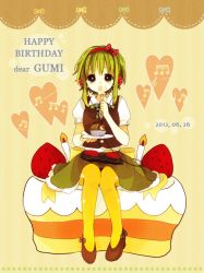Rule 34 | 1girl, :o, anzu (o6v6o), back bow, birthday, black vest, bow, candle, character name, collared shirt, commentary request, cupcake, dated, dessert, eating, english text, food, food on face, fruit, goggles, green eyes, green skirt, gumi, hair bow, hairband, happy birthday, headphones, heart, holding, holding plate, looking at viewer, mont blanc (food), musical note, neck ribbon, pantyhose, plate, polka dot, polka dot bow, red bow, ribbon, shirt, shoes, short hair with long locks, sitting, sitting on food, skirt, solo, strawberry, striped background, striped neckwear, striped ribbon, tan background, unworn goggles, vertical-striped neckwear, vest, vocaloid, white shirt, yellow pantyhose, yellow ribbon