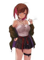 Rule 34 | 1girl, absurdres, ahoge, aqua eyes, bare shoulders, belt, black skirt, breasts, brown hair, cigarette, commentary, cowboy shot, earrings, green jacket, hair ornament, hand on own hip, hand up, highres, holding, jacket, jewelry, large breasts, long sleeves, looking at viewer, medium hair, miniskirt, mole, mole on shoulder, multicolored hair, necklace, off shoulder, open clothes, open jacket, original, parted lips, pink hair, shirt, shirt tucked in, sidelocks, signature, simple background, skirt, sleeveless, sleeveless shirt, smoking, solo, standing, symbol-only commentary, thigh strap, thighs, two-tone hair, white background, white shirt, x hair ornament, zhi zhi/zu zu