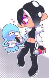 Rule 34 | 1girl, animal, black footwear, black hair, black pants, black shirt, blue skin, boots, cellphone, colored skin, dark skin, fangs, fingerless gloves, gloves, grey background, hair over one eye, halterneck, heart, holding, jacket, jellyfish, jellyfish (splatoon), long sleeves, looking to the side, midriff, navel, nintendo, octoling, octoling girl, octoling player character, octopus girl, open clothes, open jacket, pants, phone, pointy ears, red eyes, shirt, short hair, short sleeves, smartphone, smile, splatoon (series), spray can, sprayjea, standing, tentacle hair, tentacles, two-tone background, white background, white jacket, white shirt