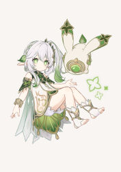 Rule 34 | 1girl, anklet, bare shoulders, bloomers, boots, bracelet, braid, carotinoid001, closed mouth, cross-shaped pupils, detached sleeves, dress, genshin impact, gold trim, gradient hair, green dress, green eyes, green hair, green sleeves, hair ornament, jewelry, leaf hair ornament, long hair, looking at viewer, multicolored hair, nahida (genshin impact), neo akasha terminal, pointy ears, short sleeves, sidelocks, simple background, smile, solo, stirrup footwear, symbol-shaped pupils, two-sided dress, two-sided fabric, underwear, white background, white bloomers, white dress, white footwear, white hair