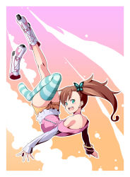 Rule 34 | 1girl, aqua eyes, bare shoulders, brown hair, butterfly hair ornament, choker, chousoku henkei gyrozetter, feet, hair ornament, highres, inaba rinne, legs, long hair, looking at viewer, looking back, no shoes, open mouth, roller shoes, shoes, side ponytail, single shoe, single thighhigh, solo, striped clothes, striped thighhighs, thighhighs, yamada (yamada adamay)