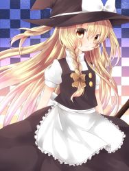 Rule 34 | 1girl, apron, bad id, bad pixiv id, blonde hair, bow, braid, checkered background, female focus, hair bow, hat, hat bow, kirisame marisa, long hair, skirt, skirt set, solo, touhou, waist apron, witch, witch hat, y chan6262, yellow eyes, yucchan (drizzle star)