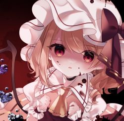 Rule 34 | 1girl, :o, alternate wings, ascot, blonde hair, blood, blood on clothes, blood on face, cacao (cacaomgmg), clenched hands, collared shirt, flandre scarlet, frilled shirt collar, frilled skirt, frilled sleeves, frills, hat, looking at viewer, medium hair, mob cap, open mouth, puffy short sleeves, puffy sleeves, purple eyes, red background, red skirt, red vest, shirt, short sleeves, simple background, skirt, solo, touhou, upper body, vest, white hat, white shirt, wings, wrist cuffs, yellow ascot