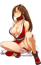Rule 34 | 1girl, areola slip, bare shoulders, black socks, blush, breasts, brown eyes, brown hair, cleavage, clothes lift, collar, covering privates, covering crotch, ez6, fatal fury, folded fan, folding fan, forehead, full body, hair ribbon, hand fan, high ponytail, large breasts, licking lips, ninja, no bra, no panties, nose blush, parted bangs, pelvic curtain, pelvic curtain lift, revealing clothes, ribbon, sash, shiranui mai, sideboob, socks, solo, squatting, strap gap, tabi, the king of fighters, tongue, tongue out, white background