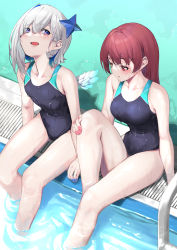 Rule 34 | 2girls, absurdres, amane kanata, angel wings, bare legs, blue eyes, blue hair, blue one-piece swimsuit, breasts, colored inner hair, heterochromia, highres, hololive, houshou marine, large breasts, looking at another, mikan (chipstar182), multicolored hair, multiple girls, nail polish, one-piece swimsuit, red eyes, red hair, soaking feet, swimsuit, virtual youtuber, white hair, wings, yellow eyes