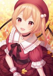 Rule 34 | 1girl, :d, alternate costume, alternate headwear, autumn leaves, beret, black choker, black ribbon, blonde hair, blush, breasts, choker, collarbone, commentary request, crystal, flandre scarlet, frilled shirt collar, frills, hat, lens flare, looking at viewer, medium breasts, neck ribbon, one side up, open mouth, pom pom (clothes), puffy short sleeves, puffy sleeves, red eyes, red hat, red shirt, red skirt, ribbon, shirt, short hair, short sleeves, skirt, smile, solo, touhou, upper body, wings, wrist cuffs, yamayu