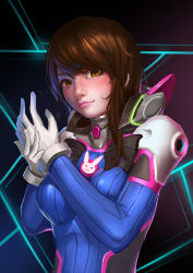 Rule 34 | 1girl, animal print, armor, bodysuit, bracer, breasts, brown eyes, brown hair, closed mouth, d.va (overwatch), eyelashes, facepaint, facial mark, gloves, hands up, headphones, highres, jan.v, large breasts, lipstick, long hair, looking at viewer, makeup, nose, overwatch, overwatch 1, pauldrons, pilot suit, pink lips, rabbit print, ribbed bodysuit, shoulder armor, shoulder pads, skin tight, solo, turtleneck, upper body, whisker markings, white gloves