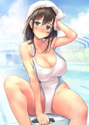 Rule 34 | 1girl, amamiya natsumi, arm up, armpits, bad id, bad twitter id, blue eyes, blush, breasts, brown hair, cleavage, closed mouth, competition swimsuit, covered erect nipples, day, hair between eyes, half-closed eyes, highleg, highleg swimsuit, highres, huge breasts, kekemotsu, large breasts, light smile, long hair, looking at viewer, one-piece swimsuit, original, outdoors, pool, poolside, puffy nipples, revision, sitting, smile, solo, starting block, swim cap, unworn swim cap, swimsuit, thighs, towel, towel on head, wet, white one-piece swimsuit