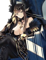 Rule 34 | 1girl, bare shoulders, black dress, black hair, breasts, bridal gauntlets, circlet, cleavage, closed mouth, detached sleeves, dress, fate/apocrypha, fate (series), fur trim, highres, jewelry, large breasts, long dress, long hair, looking at viewer, necklace, nicky w, pointy ears, semiramis (fate), simple background, sitting, smile, solo, throne, very long hair, white background, yellow eyes