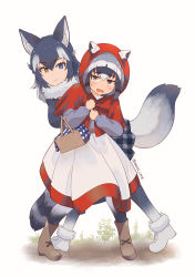 Rule 34 | 2girls, alternate costume, animal ear fluff, animal ears, big bad wolf, big bad wolf (grimm) (cosplay), black legwear, black shirt, blue eyes, boots, bow, brown eyes, brown footwear, capelet, closed mouth, commentary, common raccoon (kemono friends), cosplay, dress, frown, fur-trimmed footwear, fur collar, fur trim, grey hair, grey legwear, grey skirt, grey wolf (kemono friends), half-closed eyes, heel up, heterochromia, highres, hood, hood up, hooded capelet, kemono friends, leaning forward, little red riding hood, little red riding hood (grimm), little red riding hood (grimm) (cosplay), long sleeves, looking at viewer, medium dress, medium hair, miniskirt, multicolored hair, multiple girls, nakta, pantyhose, picnic basket, plaid, plaid skirt, pleated skirt, raccoon ears, raccoon tail, red bow, shirt, short hair, simple background, skirt, smile, standing, sweatdrop, tail, twitter username, wavy mouth, white background, white dress, white footwear, white hair, wolf ears, wolf tail, yellow eyes