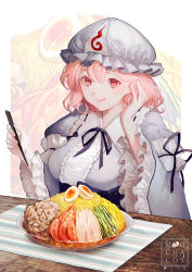 Rule 34 | 1girl, :q, artist name, black ribbon, blue hat, blue kimono, bowl, breasts, center frills, chopsticks, closed mouth, commentary request, egg (food), food, food-themed background, frilled kimono, frilled shirt collar, frilled sleeves, frills, hand up, hat, highres, holding, holding chopsticks, japanese clothes, kimono, long sleeves, medium hair, mob cap, mochacot, mushroom, neck ribbon, noodles, obi, pink hair, red eyes, ribbon, ribbon trim, saigyouji yuyuko, sash, smile, softboiled egg, solo, table, tomato, tomato slice, tongue, tongue out, touhou, triangular headpiece, upper body, wavy hair, wide sleeves, zucchini (vegetable)