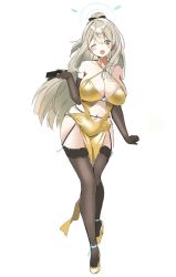 Rule 34 | 1girl, absurdres, alternate costume, black gloves, black ribbon, black thighhighs, blue archive, blush, breasts, cleavage, credit card, elbow gloves, full body, gloves, gogoco, gold dress, grey hair, hair ribbon, halo, highres, holding, large breasts, long hair, looking at viewer, nonomi (blue archive), one eye closed, open mouth, ribbon, simple background, sketch, skindentation, solo, thighhighs, very long hair, white background, yellow footwear