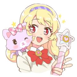 Rule 34 | 1girl, :d, blonde hair, blush, bow, bowtie, cardigan, commentary, cropped torso, hair ornament, hairband, heart, heart hair ornament, hinata yume, holding, holding wand, long hair, looking at another, mew (mewkledreamy), mewkledreamy, one eye closed, open mouth, red eyes, round teeth, school uniform, shiny skin, simple background, smile, star (symbol), star in eye, stuffed animal, stuffed cat, stuffed toy, symbol in eye, teeth, upper body, upper teeth only, wand, white background, yoban