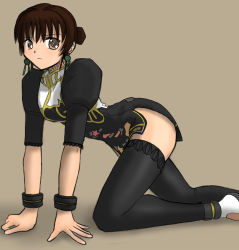 Rule 34 | 1girl, all fours, alternate costume, arched back, bangle, black thighhighs, bracelet, brown eyes, brown hair, chai xianghua, china dress, chinese clothes, dress, earrings, hair bun, jewelry, short hair, simple background, single hair bun, solo, soul calibur, soulcalibur, soulcalibur ii, thighhighs, zettai ryouiki