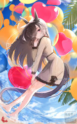 Rule 34 | 1girl, animal ears, balloon, barefoot, black dress, blush, brown dress, brown hair, closed mouth, cloud, day, dress, hair over one eye, hand up, heart balloon, highres, horizon, horse ears, horse girl, horse tail, leaning forward, lens flare, long hair, long sleeves, looking at viewer, outdoors, purple eyes, rice shower (umamusume), sand, smile, solo, tail, tree, twitter username, umamusume, wading, water, yomean!