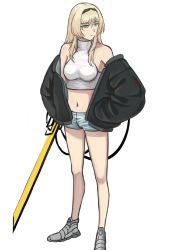 Rule 34 | 1girl, an-94 (girls&#039; frontline), bare shoulders, black jacket, blonde hair, breasts, cuffs, girls&#039; frontline, green eyes, hairband, jacket, jacket on shoulders, legs, long hair, looking away, medium breasts, navel, shackles, shirt, shorts, silayloe, solo, white background, white footwear, white shirt, white shorts
