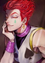 Rule 34 | 1boy, earrings, facial mark, hair slicked back, hand on own face, highres, hisoka morow, hunter x hunter, jewelry, looking at viewer, male focus, marumeco8, red hair, sleeveless, smile, smirk, solo, yellow eyes