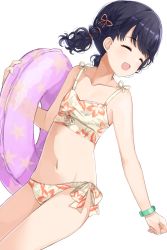 Rule 34 | 1girl, ^ ^, bare arms, bare shoulders, bikini, black hair, bound, bracelet, breasts, closed eyes, collarbone, commentary request, dutch angle, fangs, floral print, fukumaru koito, hair ribbon, highres, hiroki (yyqw7151), idolmaster, idolmaster shiny colors, innertube, jewelry, navel, noctchill (idolmaster), open mouth, print bikini, ribbon, side-tie bikini bottom, skin fangs, small breasts, swim ring, swimsuit, tied up, twintails, white background