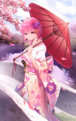 Rule 34 | 1girl, absurdres, alchemy stars, alternate costume, bad id, bad pixiv id, branch, breasts, cherry blossoms, closed mouth, commentary request, day, floral print, flower, hair flower, hair ornament, highres, hiiro (alchemy stars), holding, holding umbrella, japanese clothes, kimono, large breasts, lichiko, long sleeves, looking at viewer, obi, oil-paper umbrella, outdoors, petals, pink eyes, pink hair, pink kimono, print kimono, purple flower, purple rose, red flower, red rose, rose, sash, short hair, signature, smile, solo, standing, umbrella, water, wide sleeves