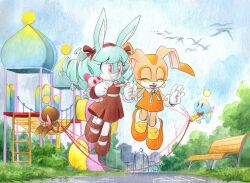 Rule 34 | 2girls, 2others, animal ears, anya the rabbit, bench, blue fur, blue hair, blue sky, brown dress, brown footwear, brown fur, chao (sonic), cheese (sonic), chocola (sonic), closed eyes, cream the rabbit, day, dress, finik, furry, furry female, gloves, grass, grin, highres, jump rope, jumping, long hair, mary janes, multiple girls, multiple others, necktie, open mouth, orange dress, orange footwear, original, outdoors, painting (medium), pantyhose, park bench, pink eyes, pink necktie, playground, rabbit ears, rabbit girl, ringlets, shoes, sky, sleeveless, sleeveless dress, smile, sonic (series), teeth, traditional media, watercolor (medium), white gloves, white pantyhose