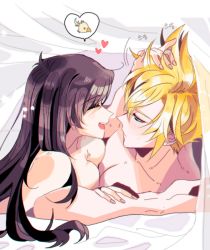 Rule 34 | 1boy, 1girl, bed, black hair, blonde hair, blue eyes, blush, breasts, chocobo, cloud strife, couple, earrings, final fantasy, final fantasy vii, happy, heart, hetero, jewelry, jj (gamejj ), large breasts, long hair, looking at another, nude, speech bubble, spiked hair, square enix, tifa lockhart, under covers