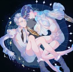 Rule 34 | androgynous, blue eyes, blue hair, blunt bangs, boots, cairngorm (houseki no kuni), gem uniform (houseki no kuni), gender request, gloves, golden arms, grey eyes, hand on another&#039;s cheek, hand on another&#039;s face, heterochromia, houseki no kuni, looking at another, necktie, phosphophyllite, phosphophyllite (ll), short hair, shorts, smile, spoilers, white eyes, white hair