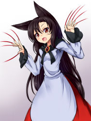 Rule 34 | 1girl, amau (kosmos), animal ears, bad id, bad pixiv id, brooch, fang, fingernails, gradient background, imaizumi kagerou, jewelry, long fingernails, long hair, long sleeves, nail polish, open mouth, red nails, shirt, skirt, solo, tail, touhou, very long hair, wide sleeves, wolf ears, wolf tail
