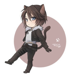 Rule 34 | 1boy, animal ears, belt, black footwear, black gloves, black jacket, black pants, blue eyes, brown background, brown hair, cat boy, cat ears, cat tail, chibi, cropped jacket, dated, expressionless, final fantasy, final fantasy viii, full body, gloves, hiryuu (kana h), jacket, jewelry, leg up, lowres, male focus, multiple belts, necklace, open clothes, open jacket, outstretched arms, pants, paw print, scar, scar on face, shirt, short hair, signature, simple background, solo, squall leonhart, standing, tail, v-neck, white shirt