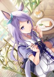 Rule 34 | 1girl, akatsuki hijiri, animal ears, bow, cake, cake slice, chair, cup, dessert, eating, food, food on face, fork, hair ornament, hair ribbon, highres, holding, holding fork, horse ears, horse girl, horseshoe, jewelry, light, light particles, long hair, looking at viewer, mejiro mcqueen (umamusume), meringue, mint, parted lips, plant, pleated skirt, purple eyes, purple hair, purple shirt, ribbon, ring, shadow, shirt, short sleeves, signature, sitting, skirt, solo, striped clothes, striped skirt, striped thighhighs, table, tail, tea, teacup, thighhighs, umamusume, water drop, white skirt, white thighhighs, wooden floor, wooden table
