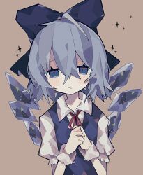 Rule 34 | 1girl, absurdres, blue bow, blue dress, blue eyes, blue hair, blush, bow, brown background, cirno, closed mouth, collared shirt, detached wings, dress, fairy, hair between eyes, hair bow, hatsushiro mamimu, highres, ice, ice wings, looking at viewer, pinafore dress, shirt, short hair, short sleeves, simple background, sleeveless, sleeveless dress, solo, touhou, upper body, white shirt, wings, wrist cuffs