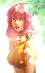 Rule 34 | 1girl, breasts, commentary request, final fantasy, final fantasy v, green eyes, jewelry, lenna charlotte tycoon, looking at viewer, medium breasts, medium hair, non (nonbiriya mini), open mouth, orange shirt, pink hair, shirt, solo