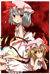 Rule 34 | 2girls, :/, alternate costume, arm support, blonde hair, blue hair, camisole, fang, female focus, flandre scarlet, hat, highres, lying, mikan (ama no hakoniwa), multiple girls, on stomach, open mouth, red eyes, remilia scarlet, short hair, siblings, sisters, skirt, smile, touhou, white skirt, wings