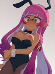 Rule 34 | 1girl, animal ears, black bow, black bowtie, black leotard, bow, bowtie, breasts, breasts out, closed mouth, detached collar, embarrassed, eyebrows hidden by hair, fake animal ears, female focus, green eyes, hair ornament, highres, inkling, inkling girl, inkling player character, leotard, long hair, medium breasts, mole, mole under eye, nintendo, nipples, organ rn, pantyhose, pink hair, playboy bunny, pointy ears, rabbit ears, solo, splatoon (series), standing, suction cups, sweat, tentacle hair, very long hair, wrist cuffs