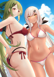 Rule 34 | 2girls, adjusting clothes, adjusting swimsuit, akagi kurage, ass, bare arms, bare shoulders, bikini, black bikini, black ribbon, blue sky, breasts, closed mouth, cloud, commentary request, commission, dark-skinned female, dark skin, day, girls&#039; frontline, gluteal fold, green hair, grey hair, hair ornament, hair ribbon, hairclip, highleg, highleg bikini, highres, layered bikini, long hair, low ponytail, m590 (girls&#039; frontline), medium breasts, mk48 (girls&#039; frontline), multiple girls, navel, o-ring, o-ring bikini, o-ring bottom, outdoors, palm tree, pixiv commission, ponytail, red bikini, red eyes, ribbon, sky, smile, standing, swimsuit, tree, very long hair, white bikini, yellow eyes