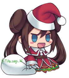 Rule 34 | 1girl, belt, blue eyes, blush stickers, brown belt, brown hair, capelet, christmas, commentary, creatures (company), double bun, game freak, hair bun, hat, holding, holding sack, long hair, lowres, meme, nintendo, official alternate costume, open mouth, padoru (meme), pokemon, pokemon masters ex, red capelet, red hat, rosa (holiday 2019) (pokemon), rosa (pokemon), sack, santa hat, sidelocks, simple background, smile, solo, tifa amakura, tongue, twintails, white background