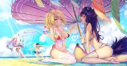 Rule 34 | 4girls, :t, animal ears, artist name, ass, banana-shaped pillow, banana boat, beach, beach umbrella, bikini, blonde hair, blush, breasts, closed eyes, closed mouth, covered navel, dated, day, dk.senie, fang, food, green hair, hat, heterochromia, highres, large breasts, light rays, long hair, md5 mismatch, micro bikini, multiple girls, ocean, one-piece swimsuit, open mouth, original, outdoors, pillow, ponytail, purple eyes, purple hair, resolution mismatch, see-through, see-through legwear, shaved ice, signature, sitting, source larger, standing, straw hat, striped clothes, striped thighhighs, sun hat, sunbeam, sunlight, swimsuit, tail, tears, thighhighs, towel, twintails, two side up, umbrella, very long hair, wariza, white legwear, yellow eyes
